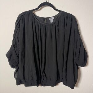 DKNY Flowy Boho Textured Crinkle 3/4 Sleeve Black Top Blouse Women's Small